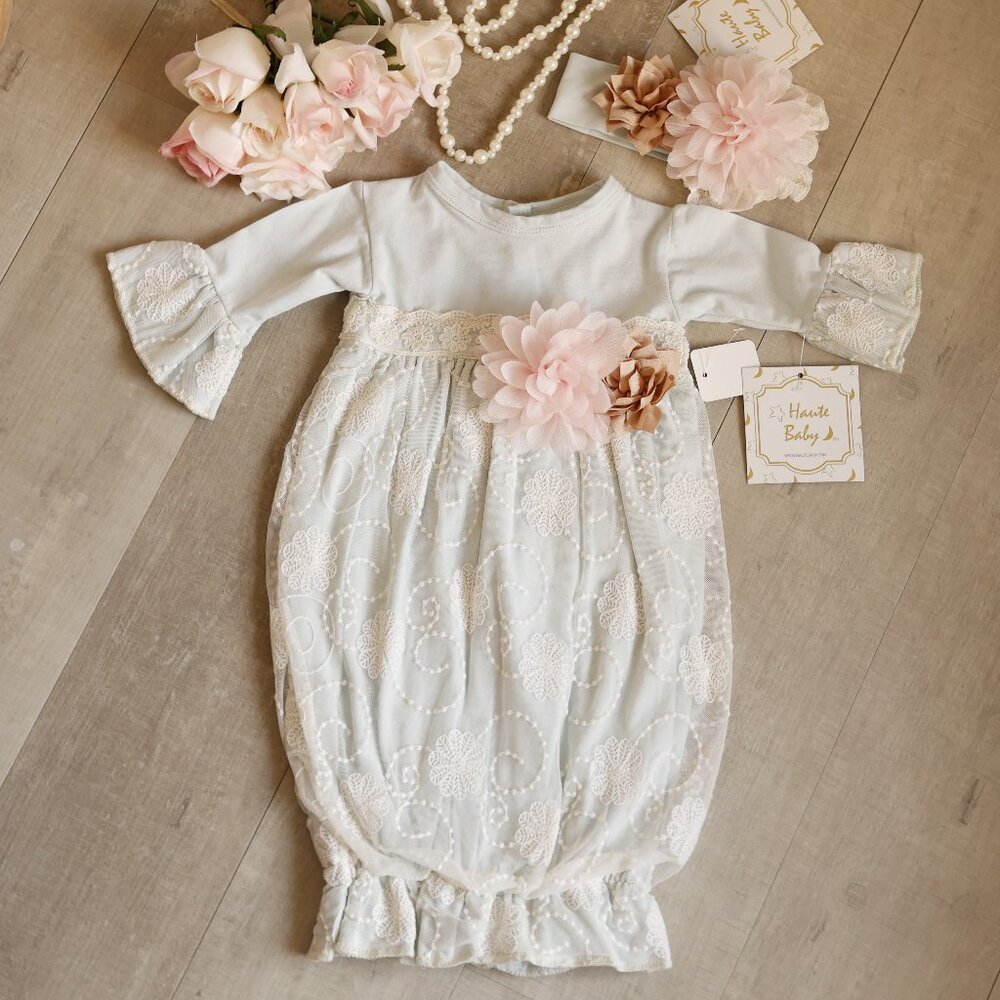 Blue with Ivory Lace Baby Gown Headband Set Haute Baby Newborn/3 Month Portrait